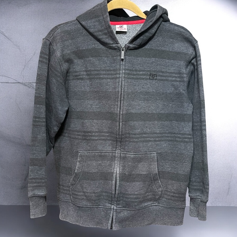 Teen boys 14/16 black gray stripe hooded zip up sweatshirt
